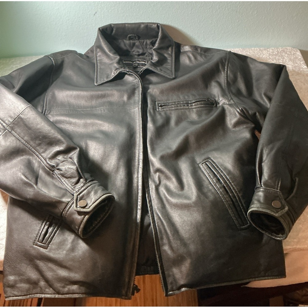 Boston Outfitters Classics Black 100% Leather Zip Jacket Polyester Lining Size L